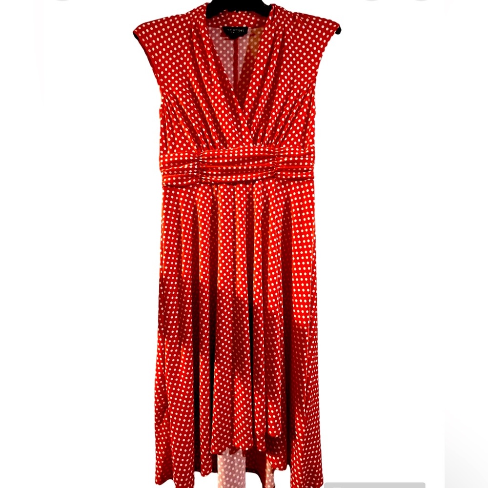 Small Perceptions sleeveless, red polka dot high, low dress. Excellent condition